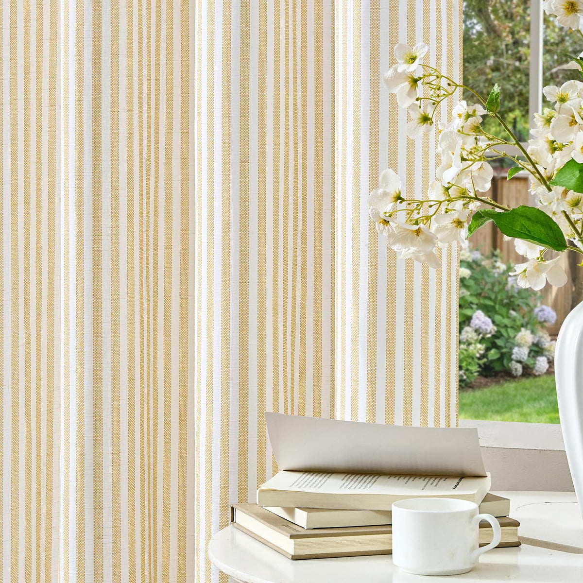 Vangao Linen Curtains for Living Room, Striped Blue Curtains 84L, 2 Panels
