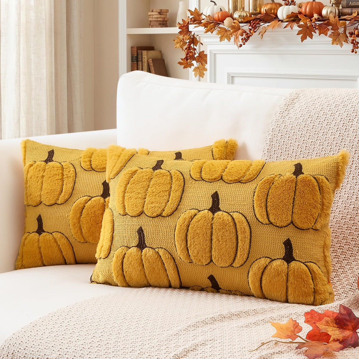Artscope Fall Pumpkin Throw Pillow Covers 18x18 Set of 2, Autumn Soft Plush Faux Fur Decoration Cushion Covers for Thanksgiving & Halloween Couch Sofa Bedroom Home Decor-Rust