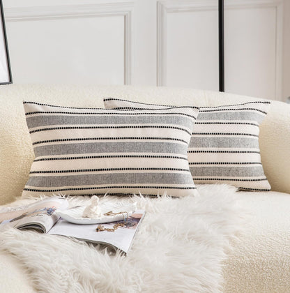 Cethom Decorative Boho Throw Pillow Covers, Farmhouse Textured Pillow Case, 18 x 18 Inch Set of 2, Chair Sofa Bedroom Living Room Home Decor Couch Cushion Case, Classic Blue and Beige Striped