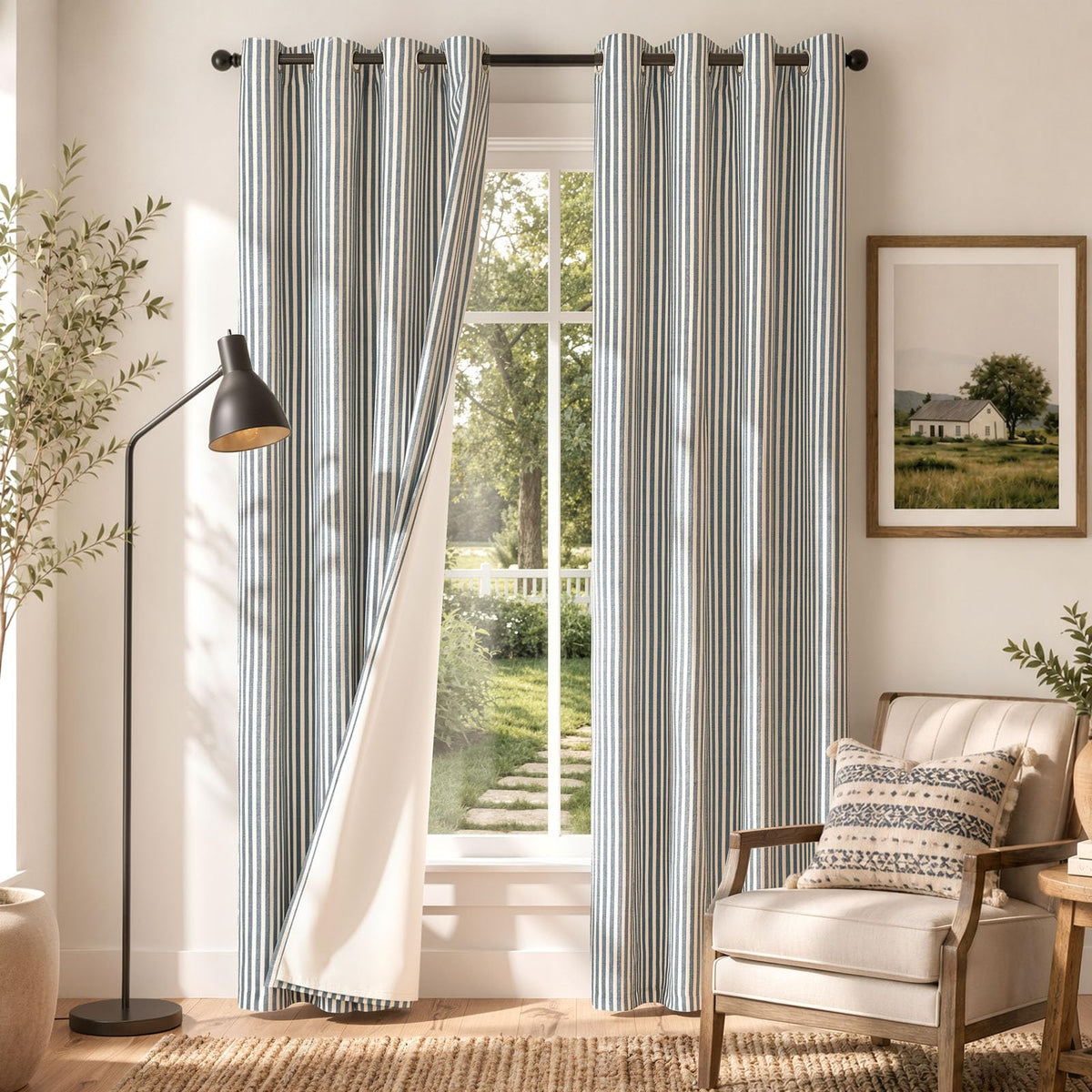 Vangao Linen Curtains for Living Room, Striped Blue Curtains 84L, 2 Panels