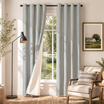 Vangao Linen Curtains for Living Room, Striped Blue Curtains 84L, 2 Panels