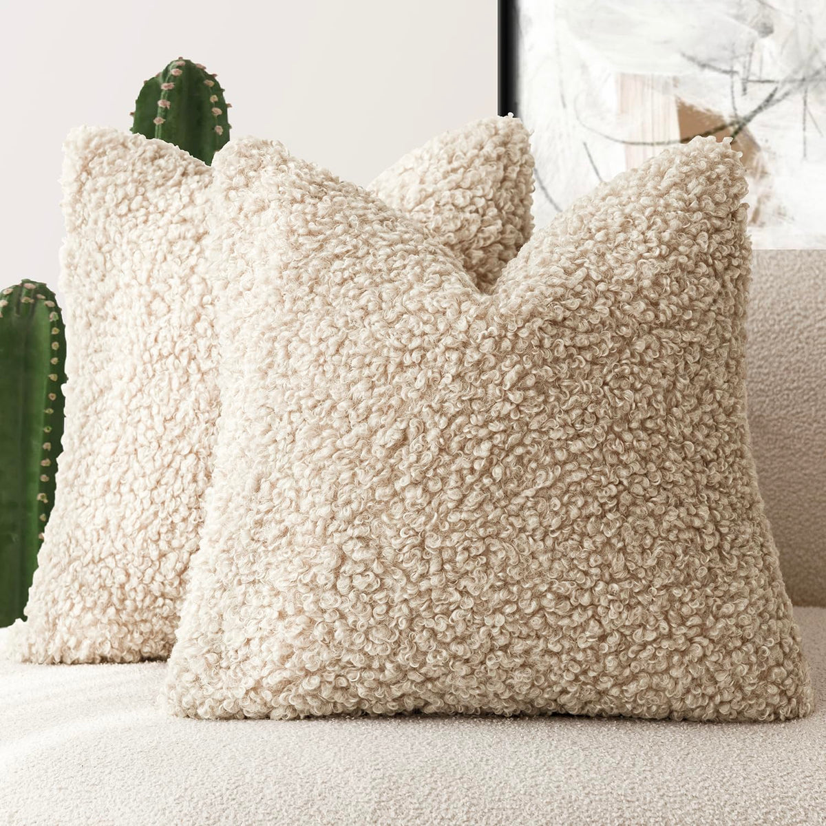 Foindtower Decorative Fuzzy Faux Fur Throw Pillow Covers 24x24 Inch Oatmeal