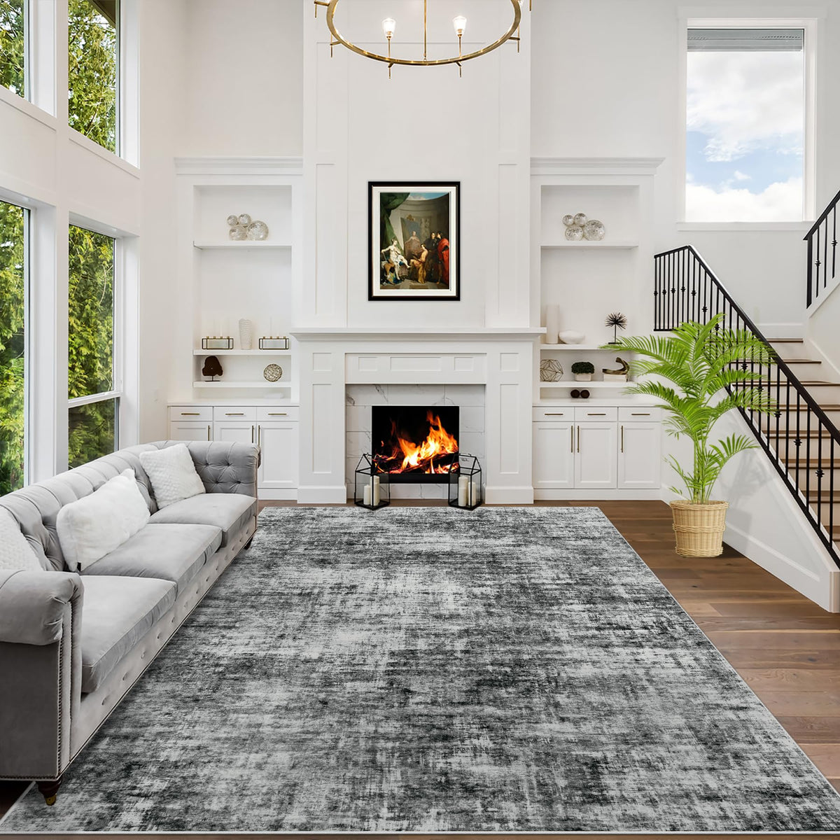 8x10 Area Rugs for Living Room: Washable Abstract Black Grey Gold Carpet
