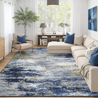 8x10 Area Rug for Living Room, Abstract Washable Non-Slip Large Rugs, Gold