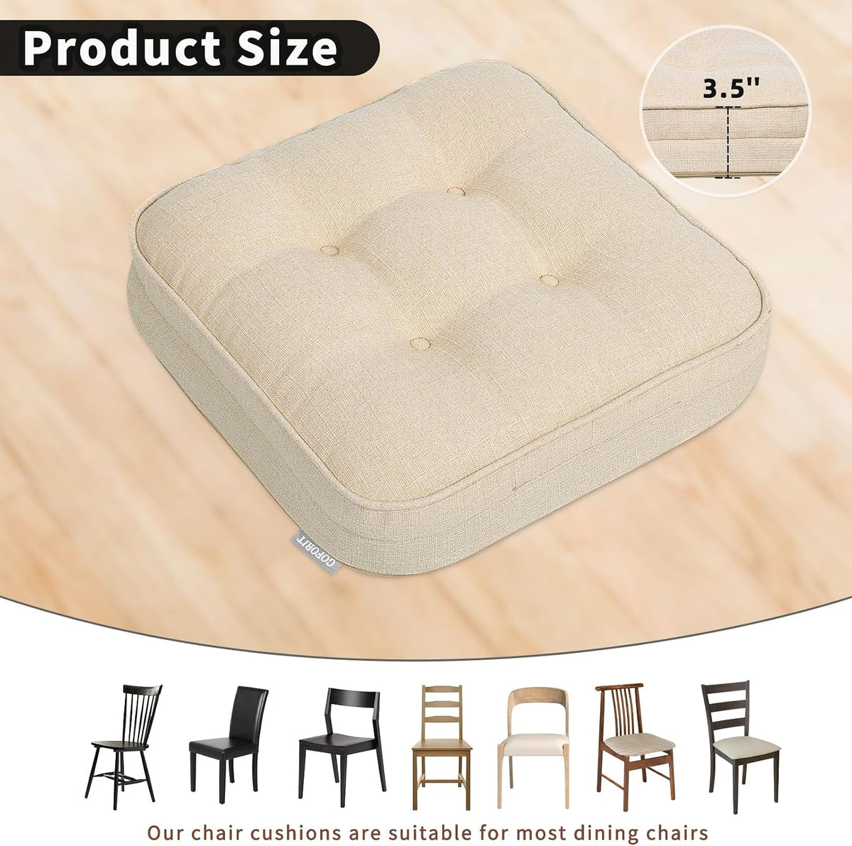 GOFORIT Chair Cushions,Tufted Shredded Memory Foam Chair Pads, Non-Slip Seat Cushions with Removable Cover, 16'' x 16'', Beige