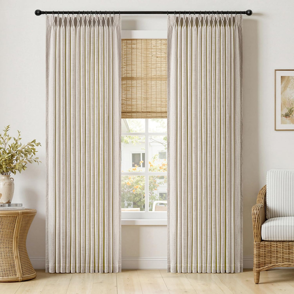 MIULEE Pinch Pleated Linen Curtains 90 Inches Long 2 Panels Natural