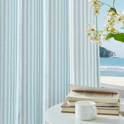 Vangao Linen Curtains for Living Room, Striped Blue Curtains 84L, 2 Panels