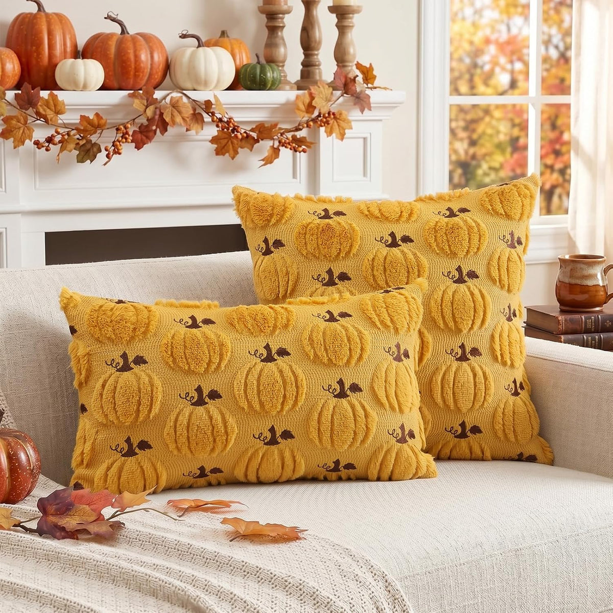 Artscope Fall Pumpkin Throw Pillow Covers 18x18 Set of 2, Autumn Soft Plush Faux Fur Decoration Cushion Covers for Thanksgiving Holiday Couch Sofa Bedroom Home Decor-Mustard Yellow