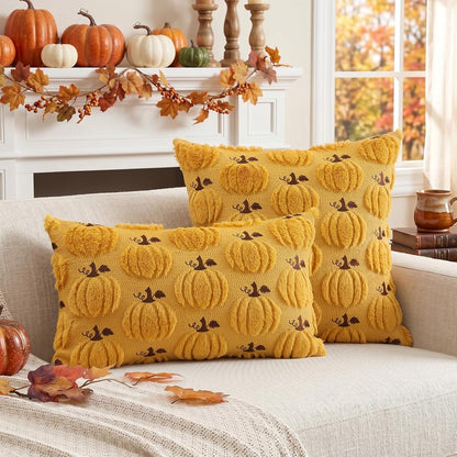 Artscope Fall Pumpkin Throw Pillow Covers 18x18 Set of 2, Autumn Soft Plush Faux Fur Decoration Cushion Covers for Thanksgiving Holiday Couch Sofa Bedroom Home Decor-Mustard Yellow
