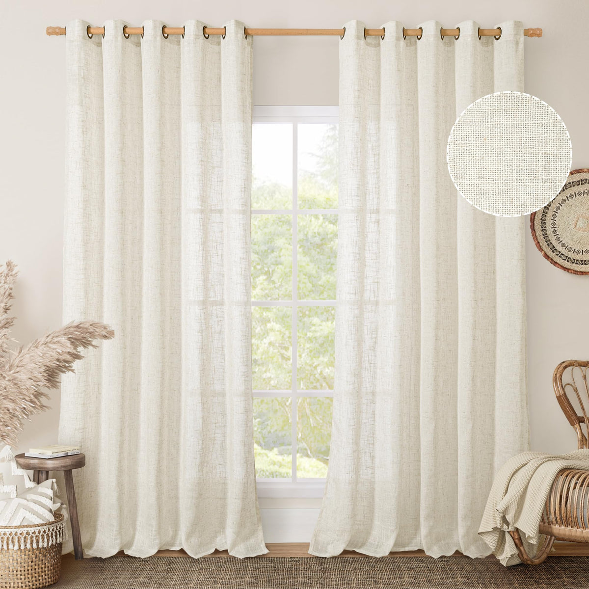 LAMIT Cream Ivory Linen Semi Sheer Curtains 84 inch Length for Bedroom