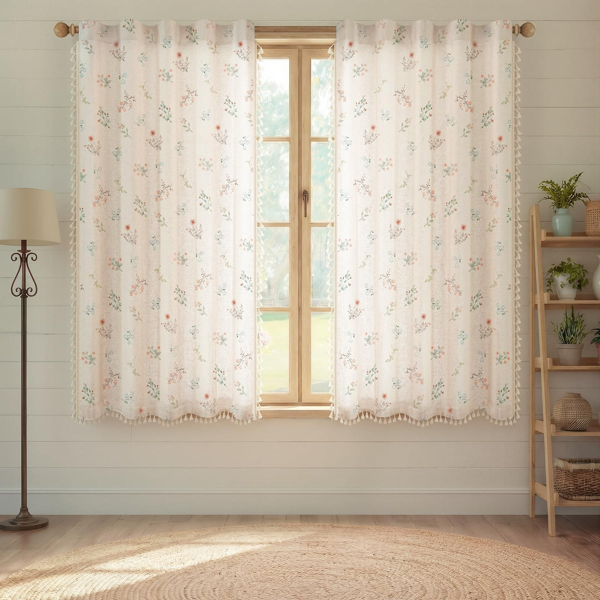 Boho Floral 100% Blackout Curtains 84 Inch 2 Panels Linen Texture