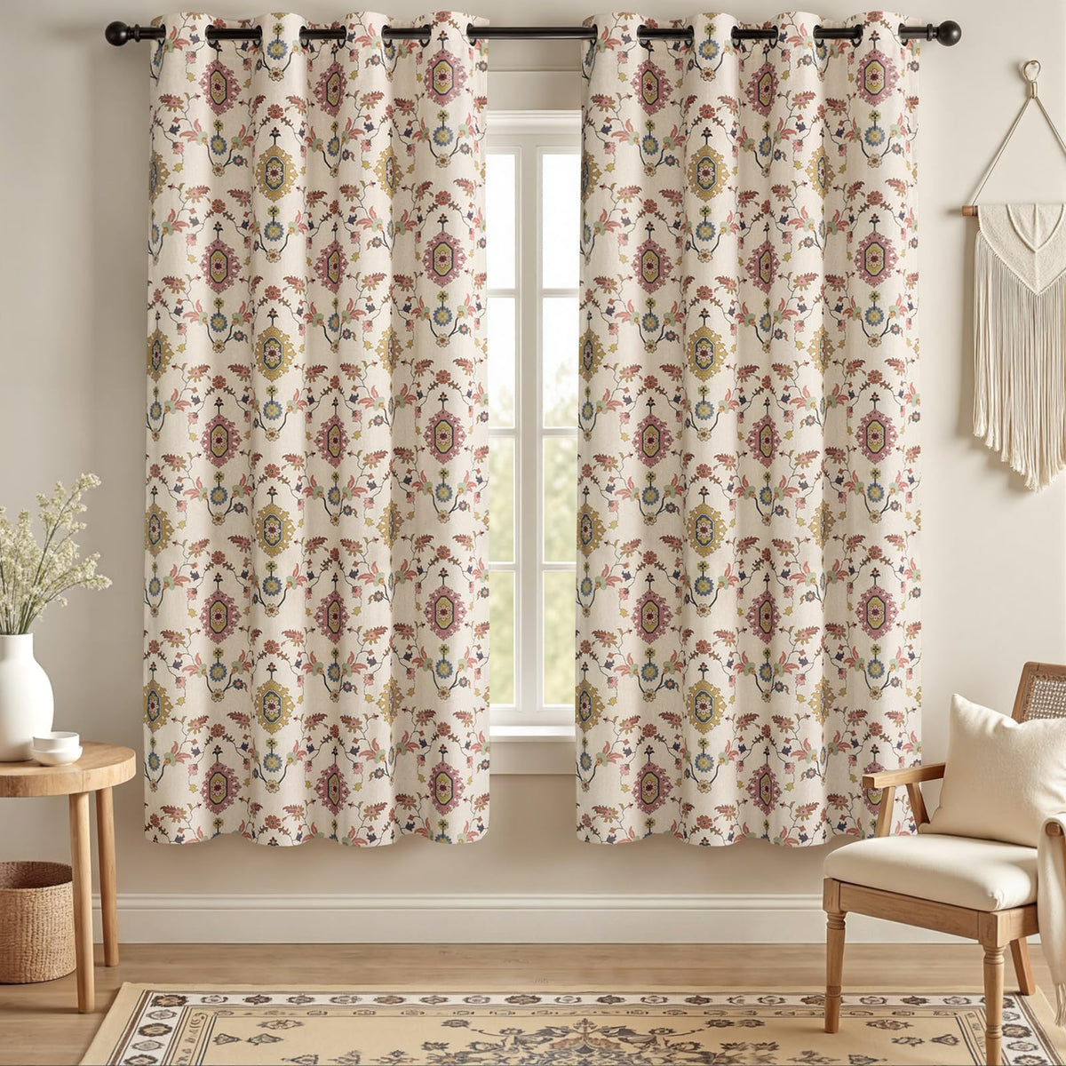 Boho Floral 100% Blackout Curtains 84 Inch 2 Panels Linen Texture