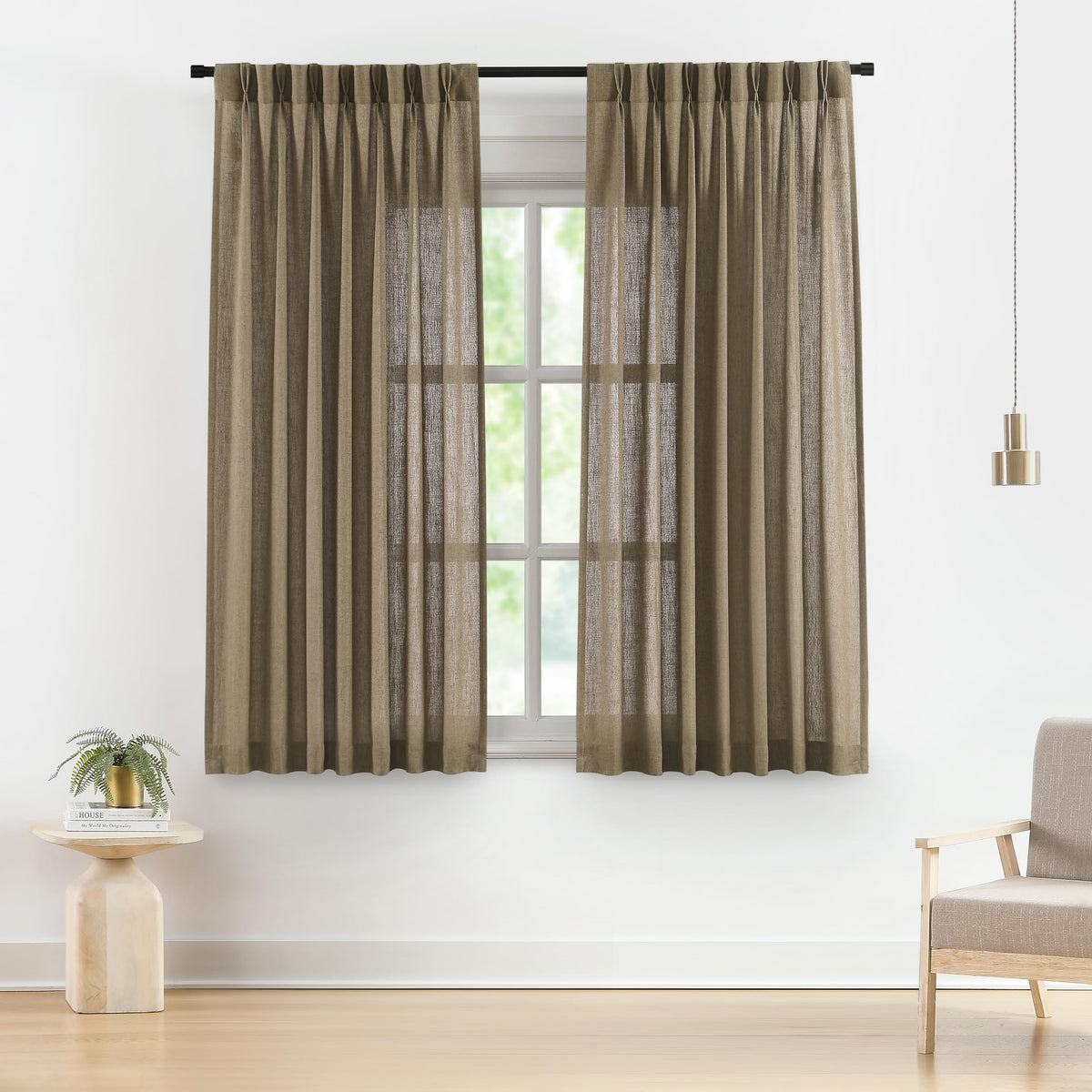 Vision Home Natural Linen Pinch Pleated Semi Sheer Curtains 42Wx90Lx2