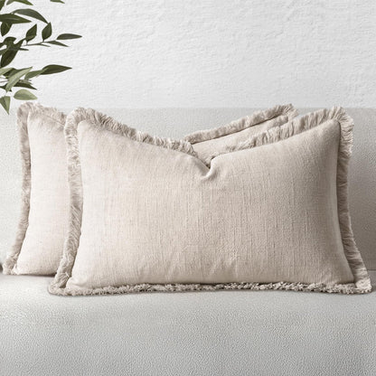 MIULEE Linen Fringe Decorative Fall Throw Pillow Covers Cocoa Brown 18x18