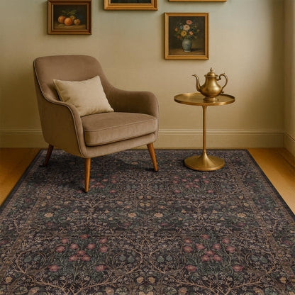 Floral Dark Green Washable Area Rugs 8x10, Vintage Living Room Rug