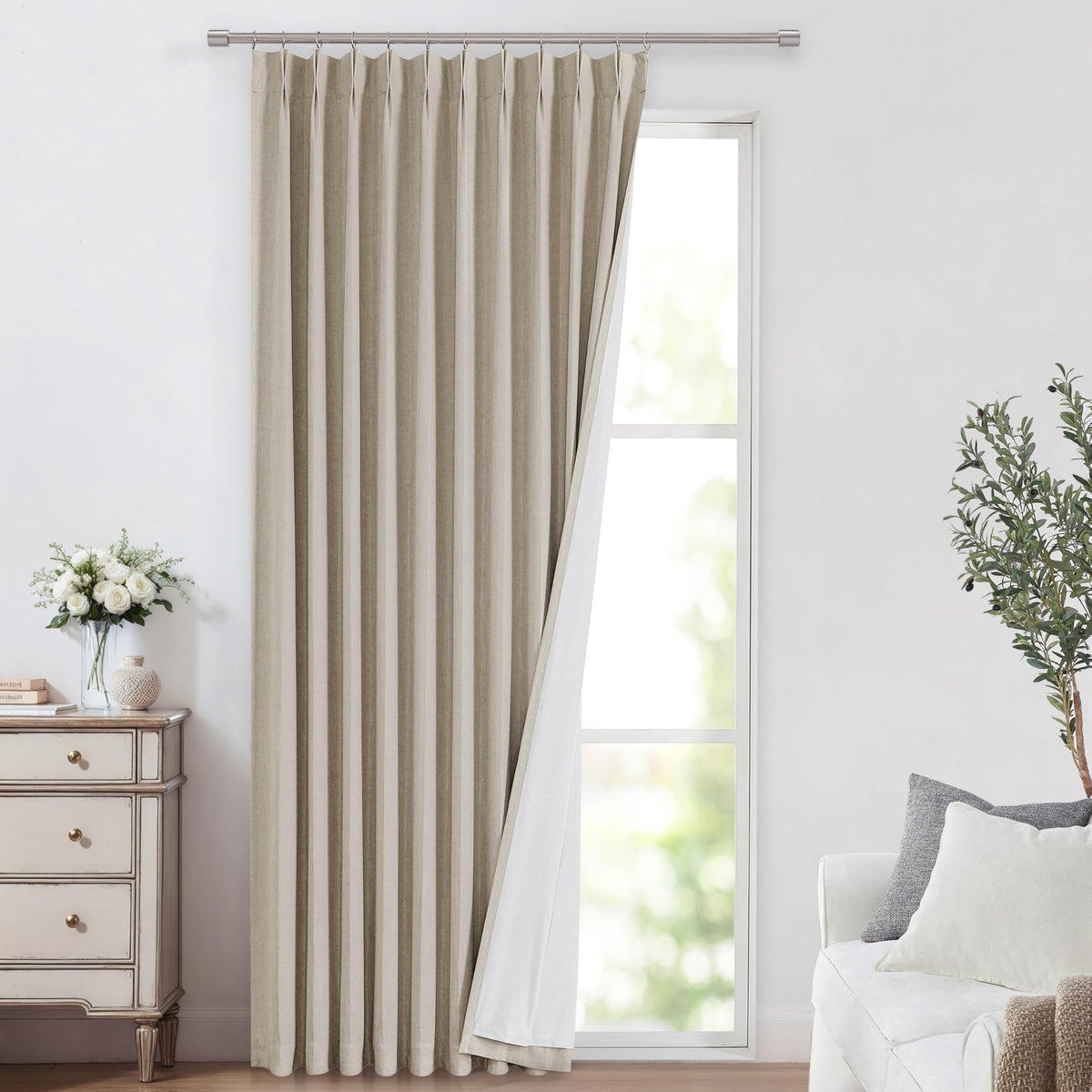 Vision Home Sand Pinch Pleated Full Blackout Curtains Linen Blended Room Darkening Window Curtains 95 inch for Living Room Bedroom Thermal Insulated Pinch Pleat Drapes with Hooks 2 Panel 40" Wx95 L