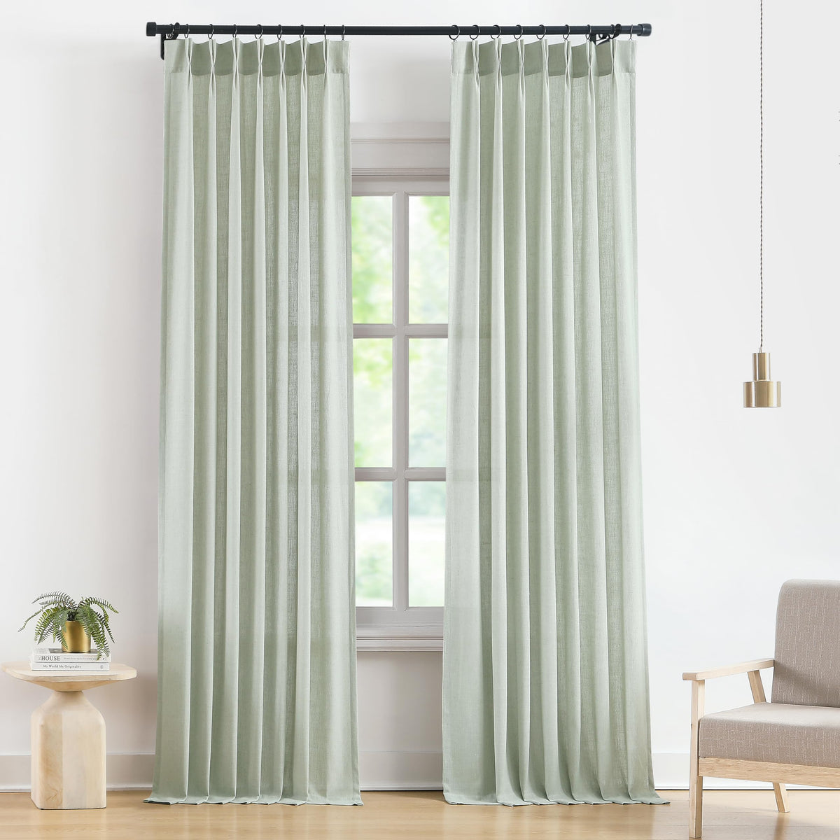 Vision Home Natural Linen Pinch Pleated Semi Sheer Curtains 42Wx90Lx2