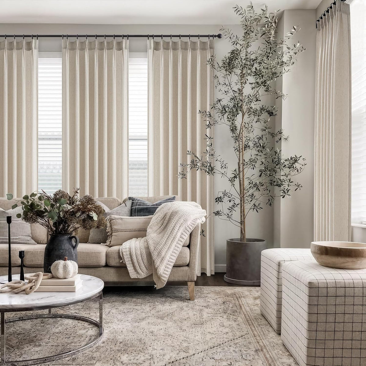 Topfinel Oatmeal Beige Pinch Pleated Curtains 84 Inches Long for Living Room 2 Panels Sets,Stone Washed Linen Earth Tone Decor Back Tab Boho Neutral Greige Earthy Sheer Curtain for Bedroom