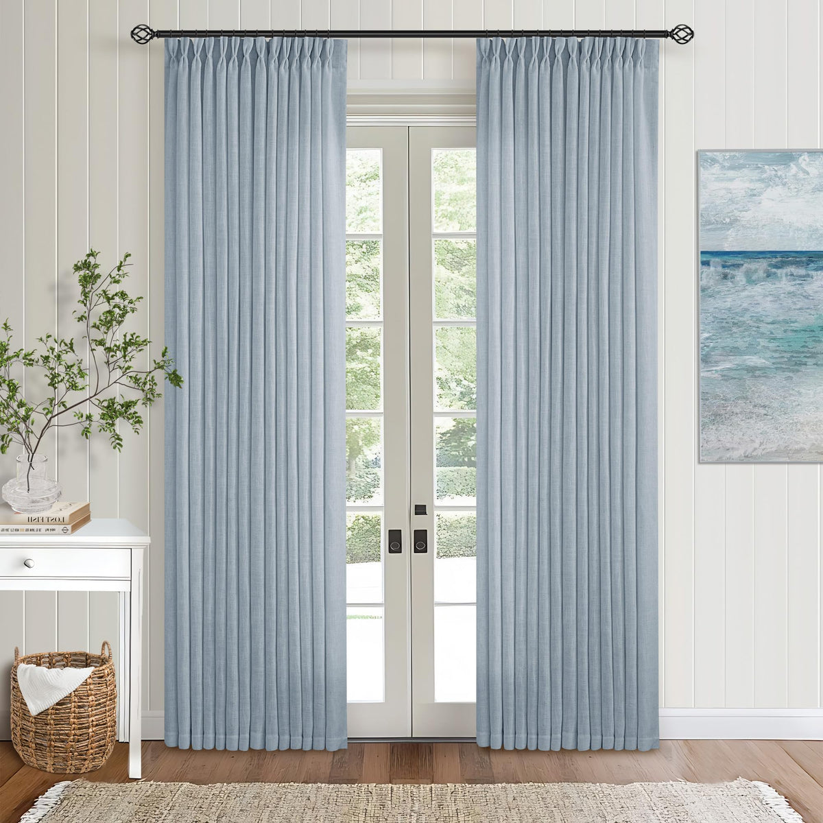 TWODRAPES Natural Pinch Pleated Linen Semi Sheer 84 Inch Curtains 2 Panels