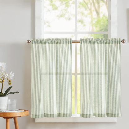 Vangao Linen Curtains for Living Room, Striped Blue Curtains 84L, 2 Panels