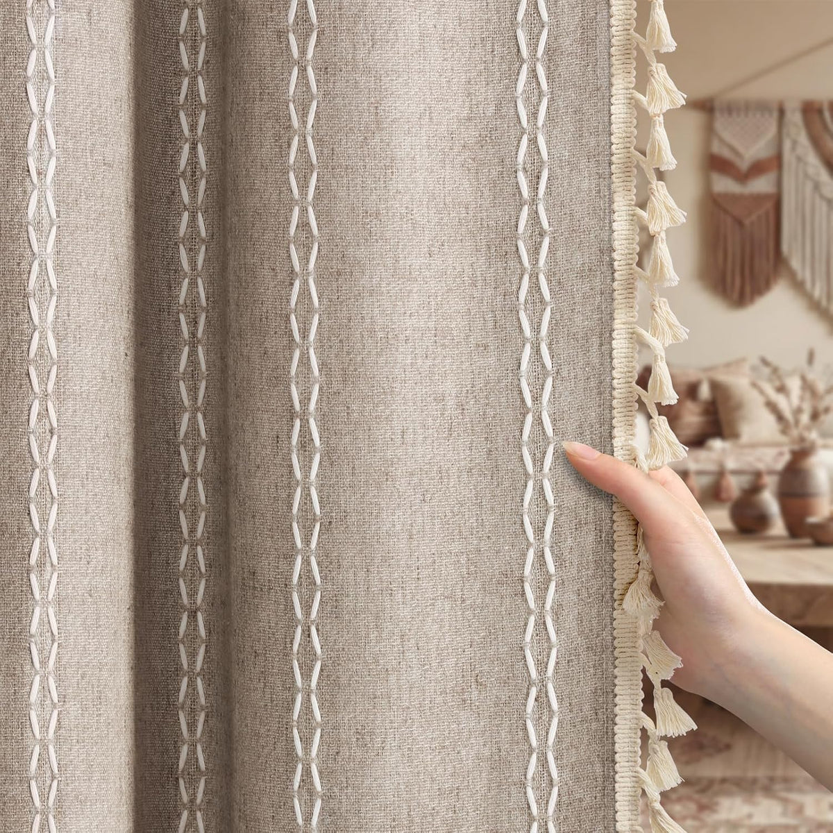 Boho 100% Blackout Curtains 84 Inch 2 Panels Linen Blend Beige