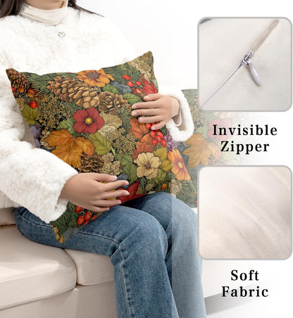Fall Pillow Covers Autumn Leaf Throw Pillow Covers 18x18 Set of 2 Bohemian Floral Pillow Cases Thanksgiving Berry Pinecones Cushion Cases for Home Farmhouse Sofa Couch Patio