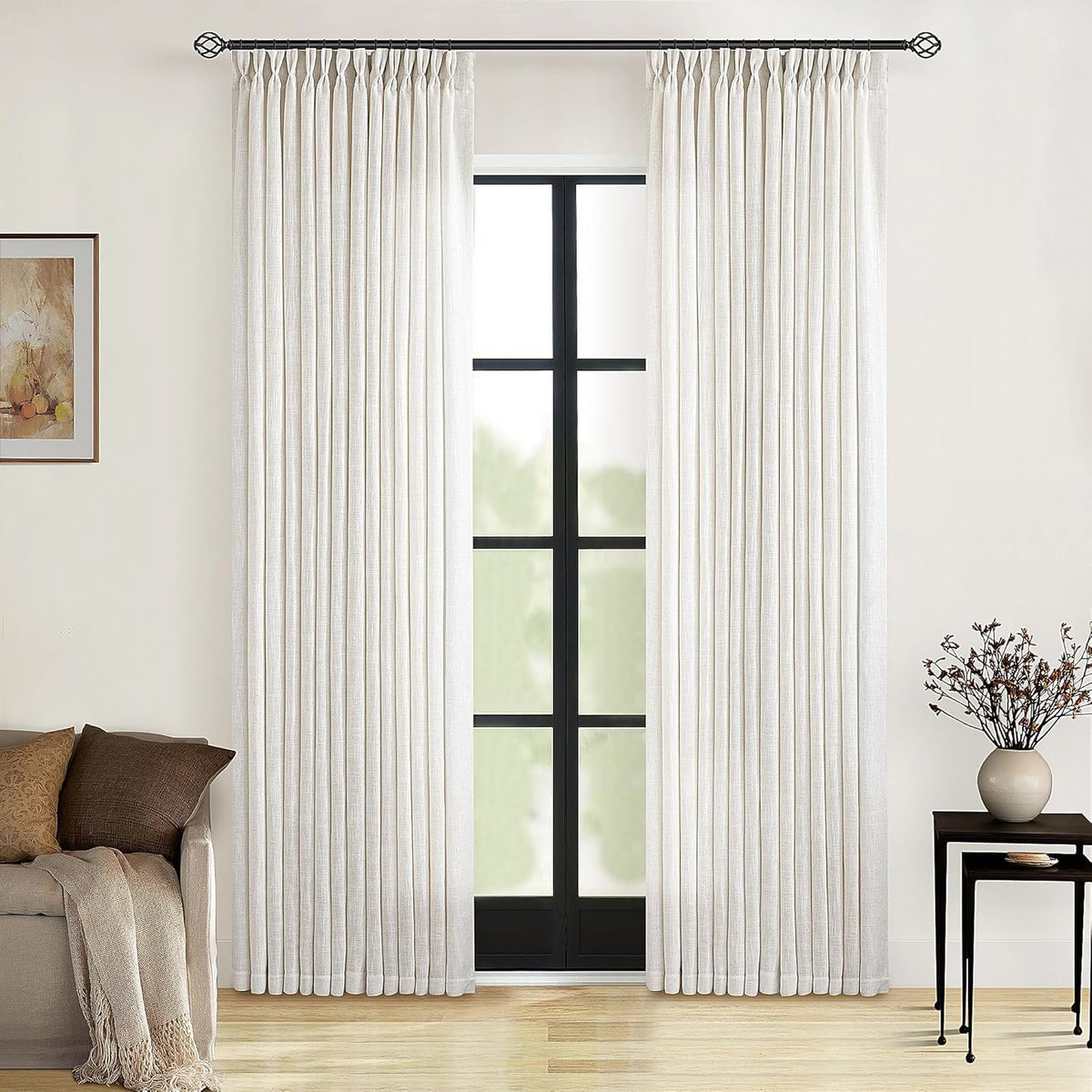 TWODRAPES Natural Pinch Pleated Linen Semi Sheer 84 Inch Curtains 2 Panels