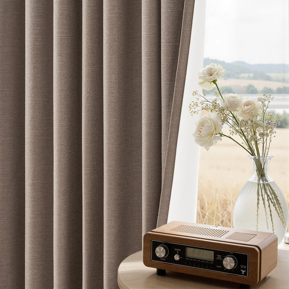 Topfinel Cream Ivory Blackout Curtains & Drapes 84 Inch Length, Beige Pinch Pleat Full Blackout Flax Linen Tab Top Soundproof Curtains with Hooks Rings for Bedroom Living Room Track 2 Panels Set