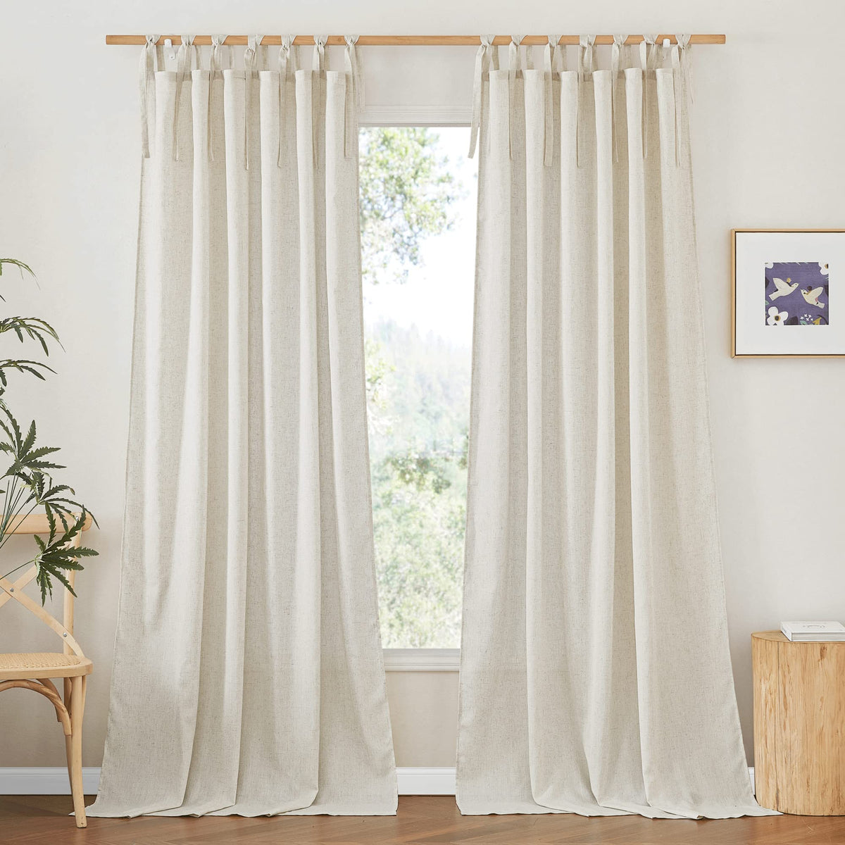 NICETOWN Thick Linen Curtains 84 inch Length 2 Panels Set, Tie Top Light Filtering Curtains Semitransparent Linen Burlap Drapes Privacy for Bedroom/Princess Room, W52 x L84, Natural