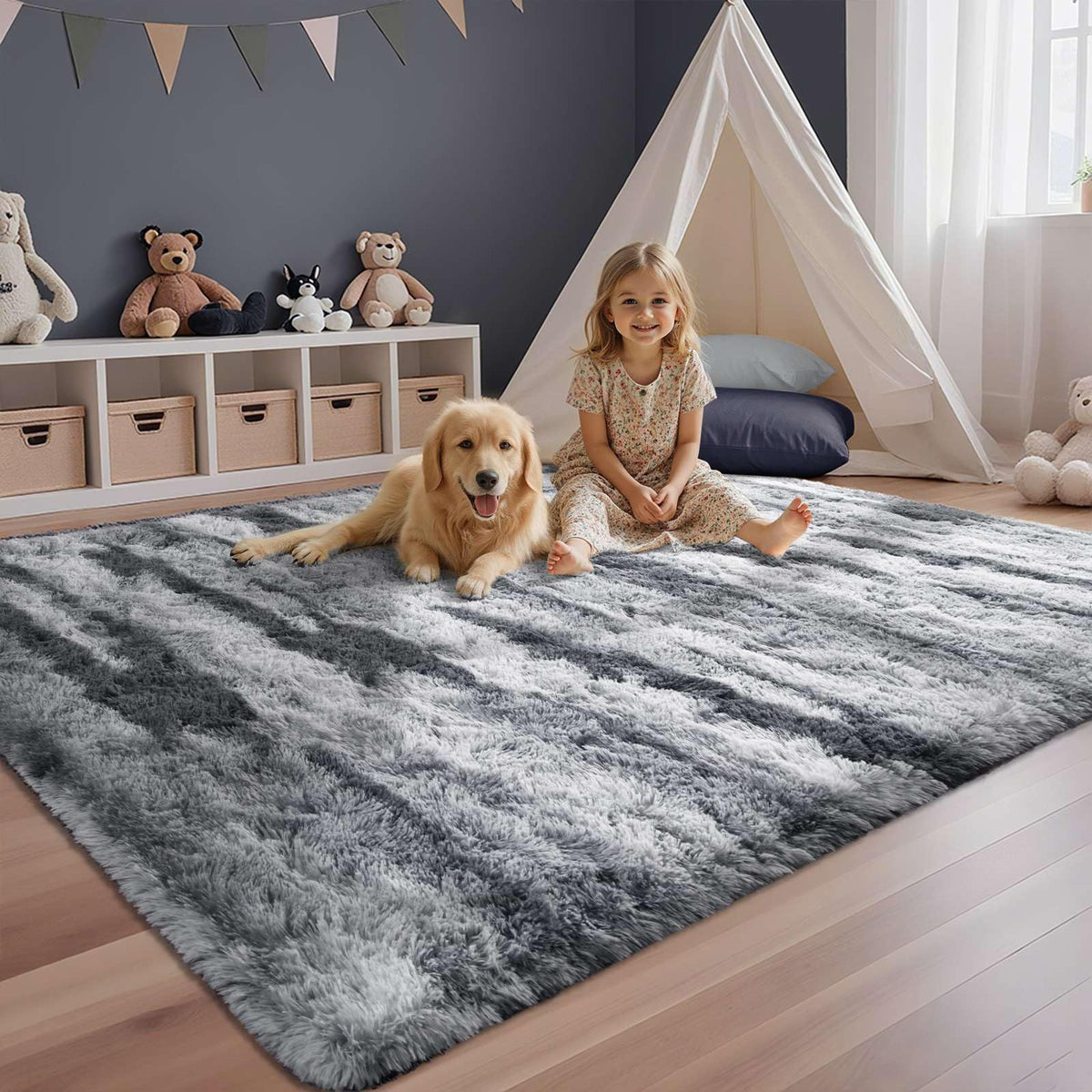 5x7 Black Area Rugs for Living Room, Large Fluffy Shag Bedroom Rugs Non-Slip, Ultra Soft Plush Carpet for Nursery Kids PlayRoom Dorm Office Indoor Modern Carpets