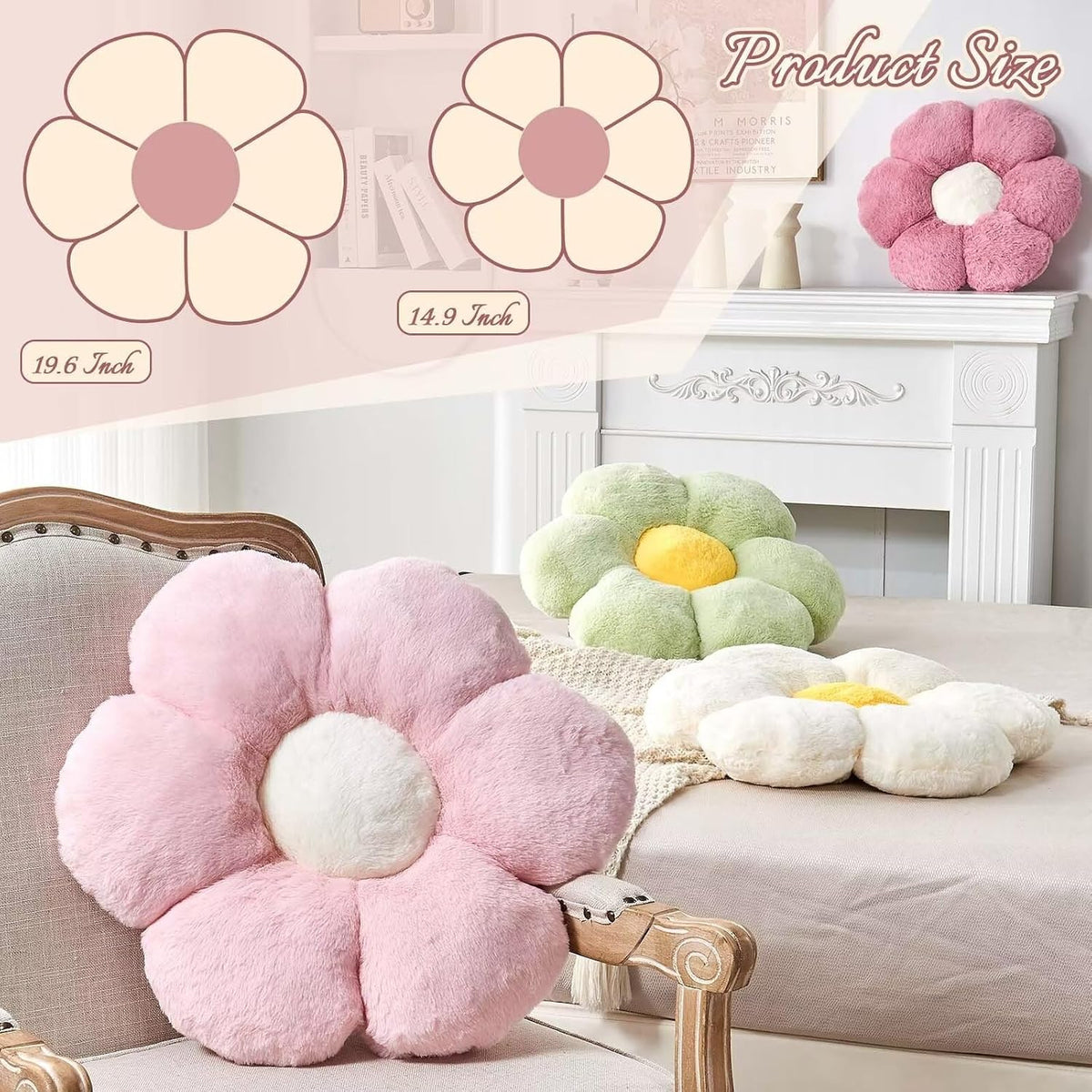 Kcvvcr Pink Flower Pillow, Cute Decorative Flower Shaped Throw Pillow with Faux Rabbit Fur, 14.9" Soft Flower Plush Throw Pillow Floor Pillows Room Décor for Bedroom Living Room