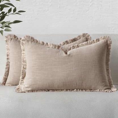 MIULEE Linen Fringe Decorative Fall Throw Pillow Covers Cocoa Brown 18x18