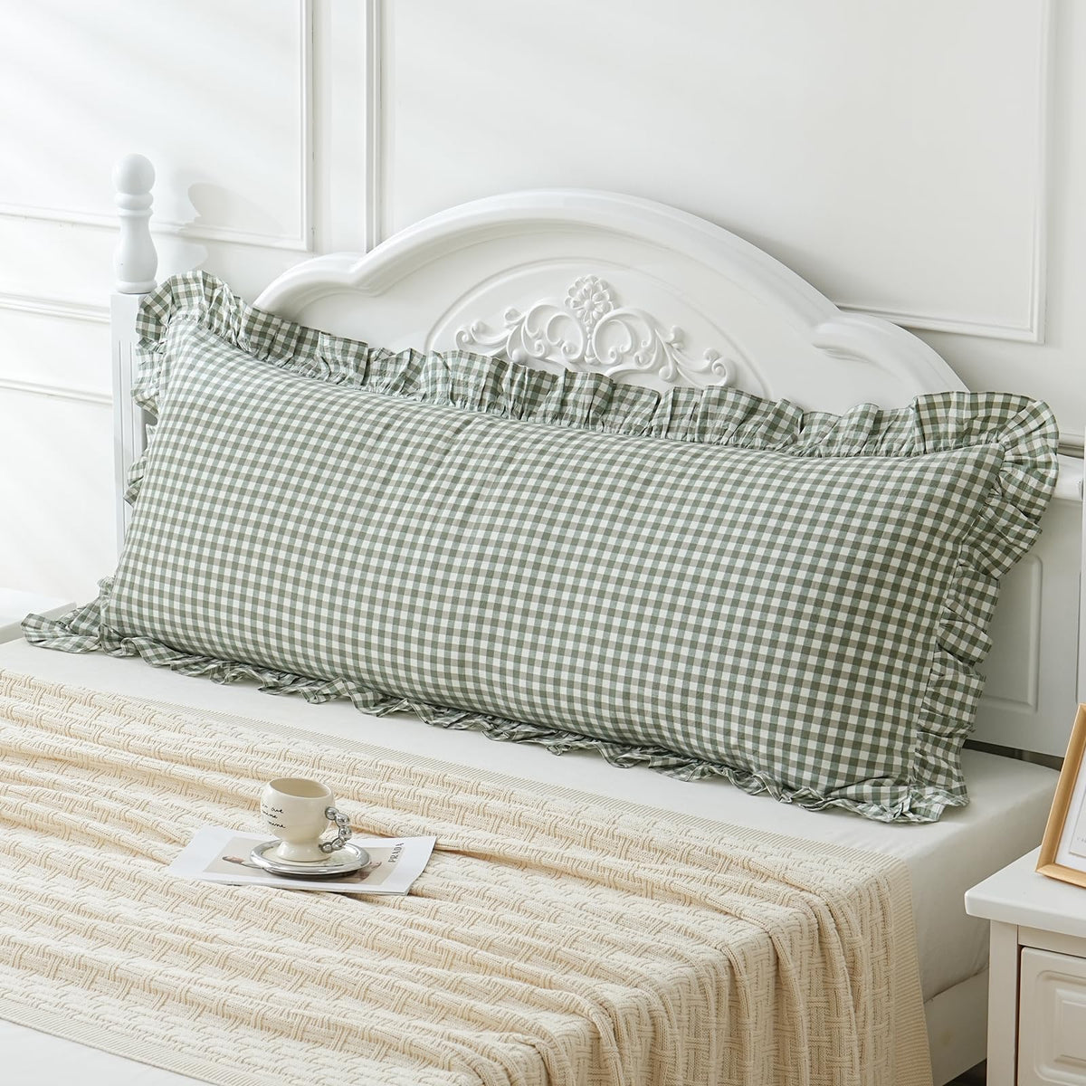 14x36 inches Sage Green Plaid Ruffle Lumbar Pillow Sham 1 Piece