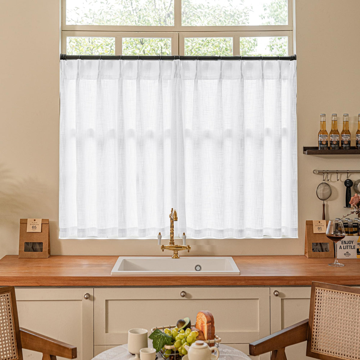 TWODRAPES Natural Pinch Pleated Linen Semi Sheer 84 Inch Curtains 2 Panels