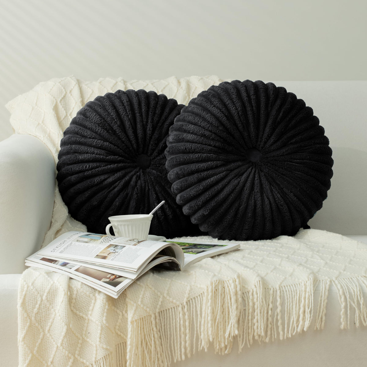 HIG Set of 2 Beige Velvet Decorative Round Pleated Throw Pillows