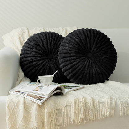 HIG Set of 2 Beige Velvet Decorative Round Pleated Throw Pillows