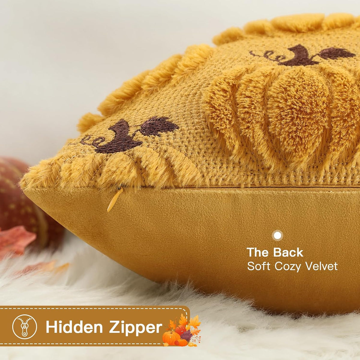Artscope Fall Pumpkin Throw Pillow Covers 18x18 Set of 2, Autumn Soft Plush Faux Fur Decoration Cushion Covers for Thanksgiving Holiday Couch Sofa Bedroom Home Decor-Mustard Yellow