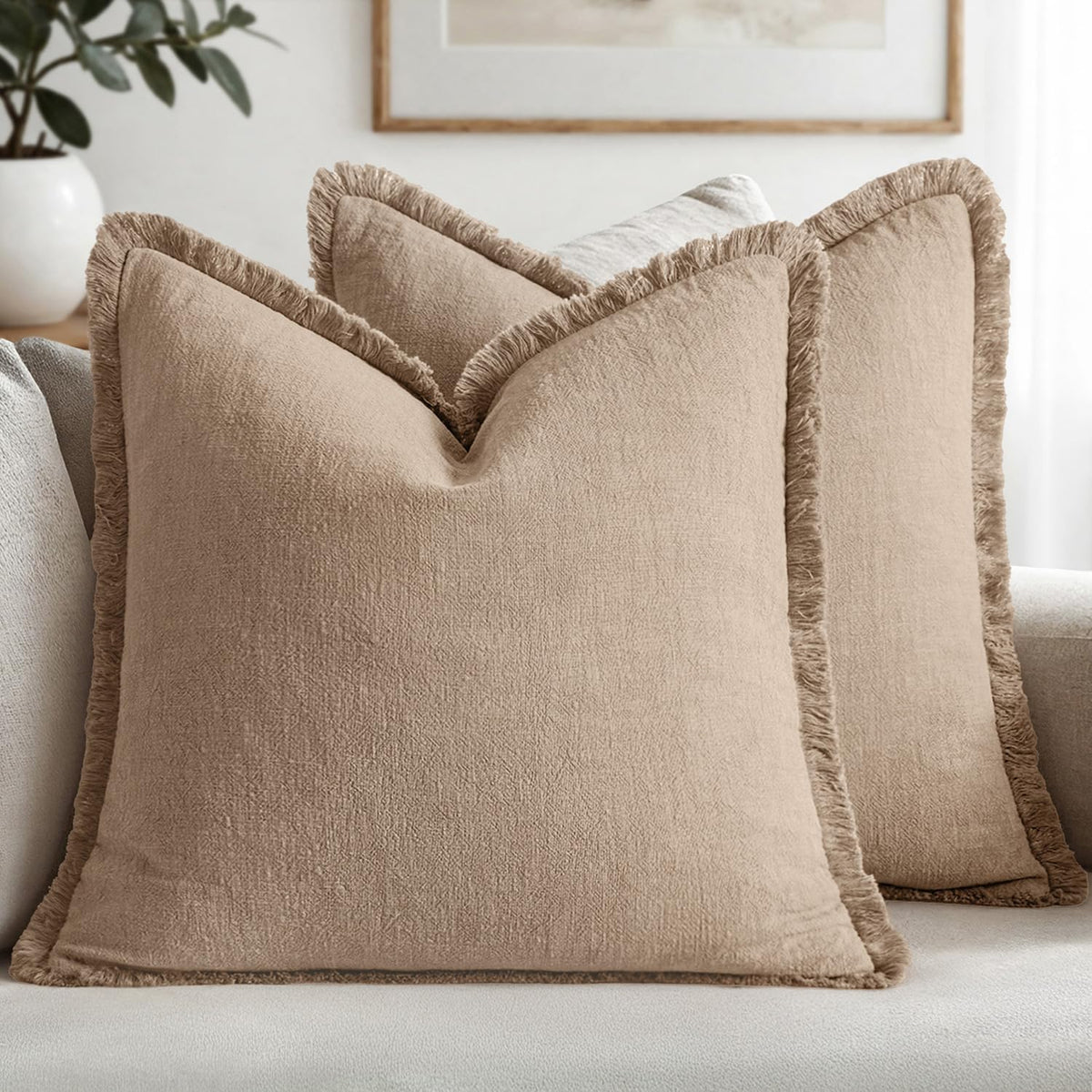 MIULEE Linen Fringe Decorative Fall Throw Pillow Covers Cocoa Brown 18x18