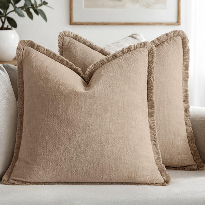 MIULEE Linen Fringe Decorative Fall Throw Pillow Covers Cocoa Brown 18x18