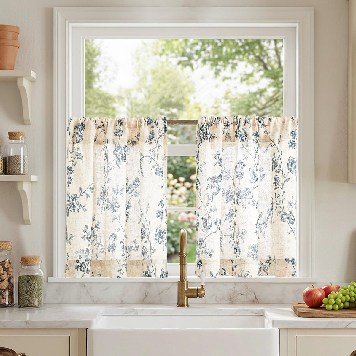 Lazzzy Taupe Vintage Floral Linen Curtains Farmhouse 50W X 84L 2 Panels