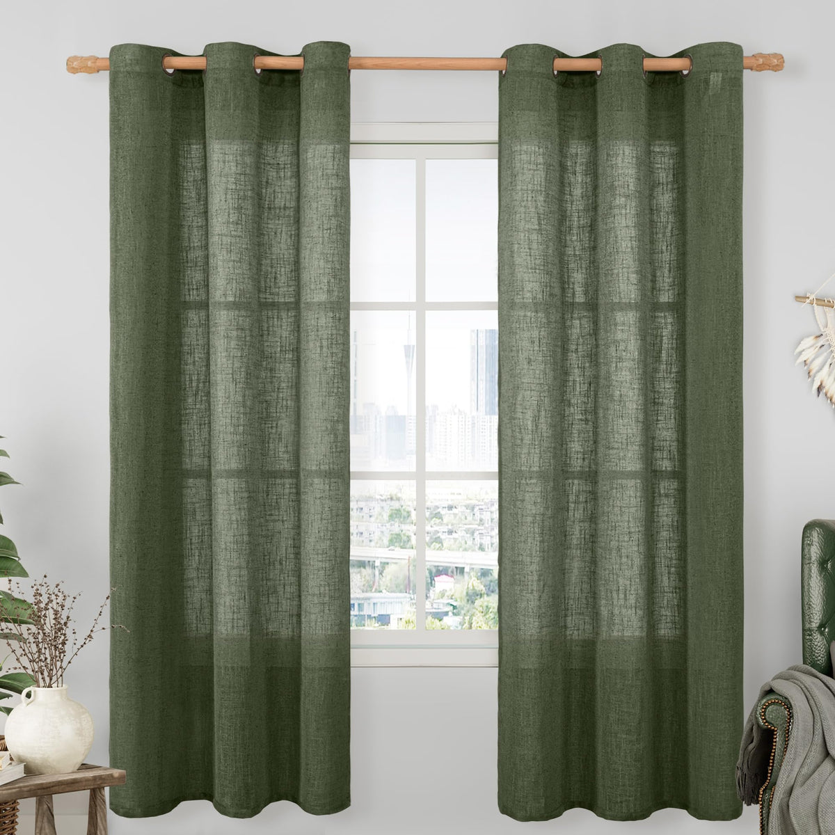 LAMIT Cream Ivory Linen Semi Sheer Curtains 84 inch Length for Bedroom