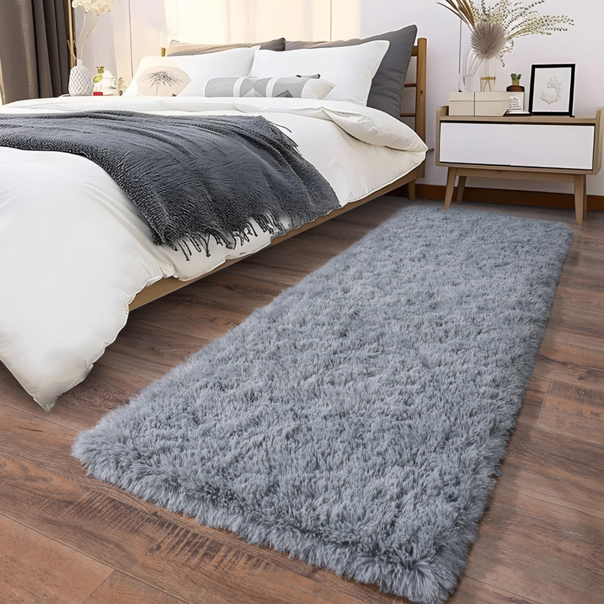 Ultra Soft Runner Rugs for Bedroom Hallways with Upgraded Non-Slip Rubber Backing & Thick Memory Sponge, 2x6 Feet Fluffy Shag Throw Area Rug for Bedside Dorm Dark Grey