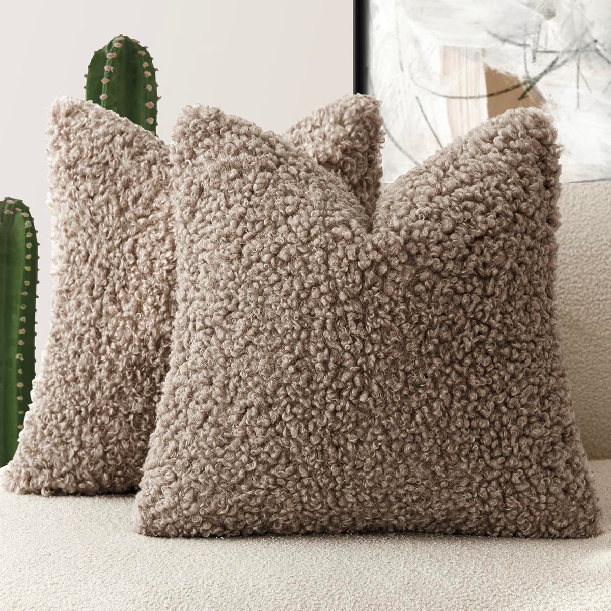 Foindtower Decorative Fuzzy Faux Fur Throw Pillow Covers 24x24 Inch Oatmeal