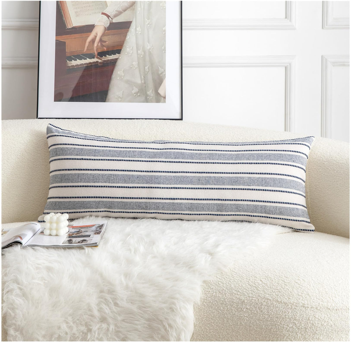 Cethom Decorative Boho Throw Pillow Covers, Farmhouse Textured Pillow Case, 18 x 18 Inch Set of 2, Chair Sofa Bedroom Living Room Home Decor Couch Cushion Case, Classic Blue and Beige Striped