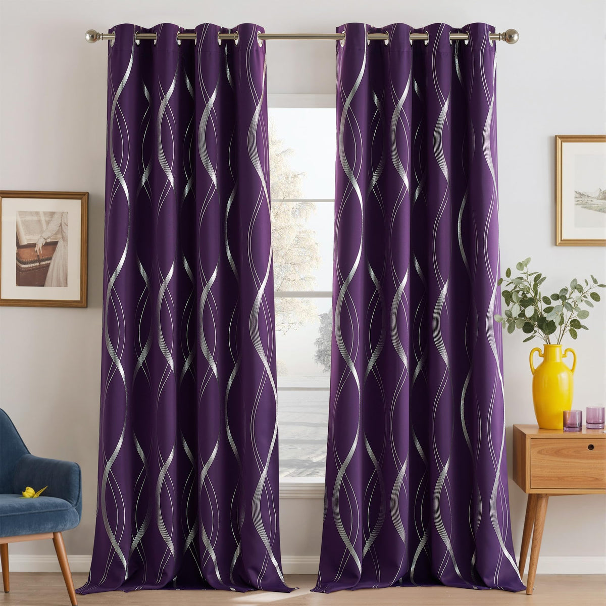 NICETOWN Grey Blackout Striped Pattern Curtains for Living Room, 52 x 84