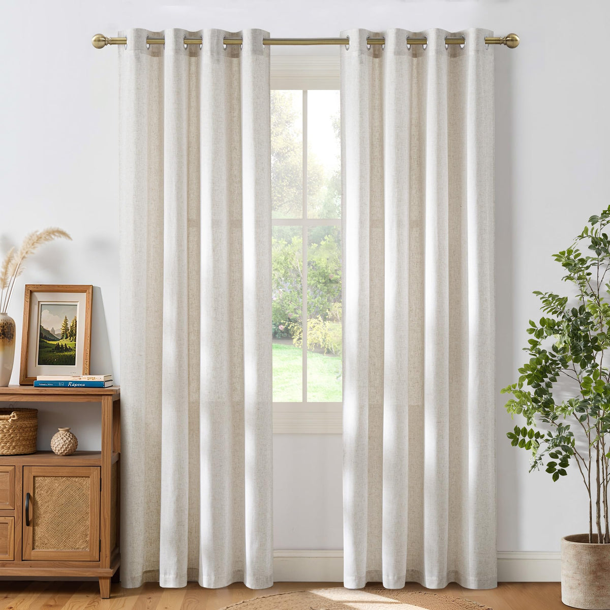 NICETOWN Natural Linen Curtains 84 inch Long 2 Panels Set, Grommet Top Thick Linen Burlap Semi Sheer Vertical Drapes Privacy Assured with Light Filtering for Bedroom/Living Room, W55 x L84