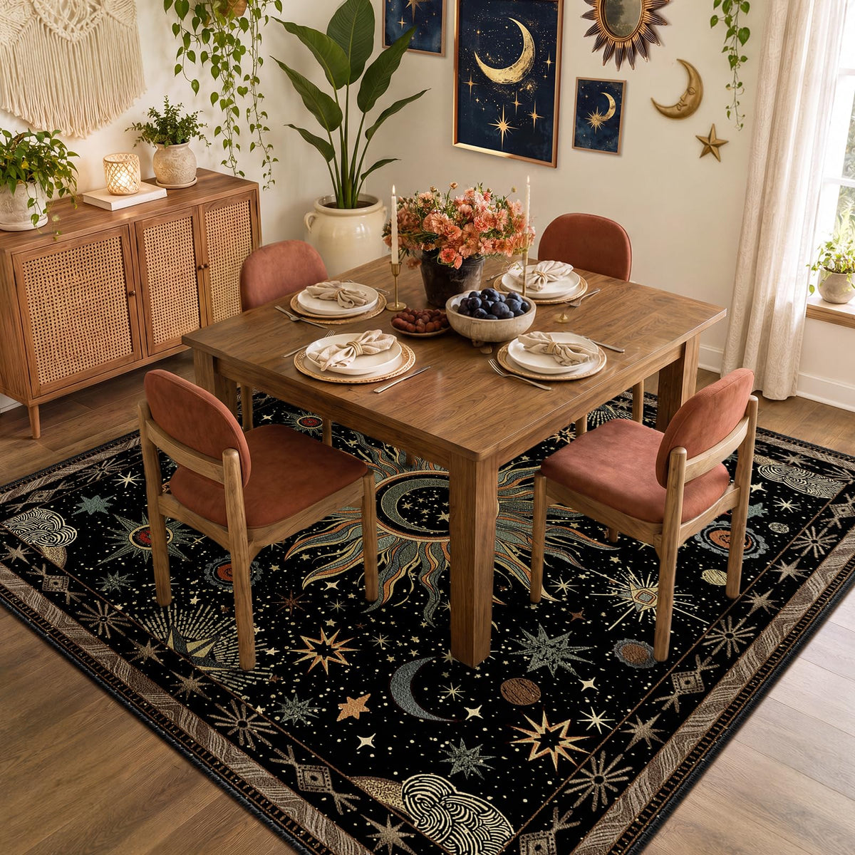 Vacuum-Friendly, 5x7 Washable Area Rug, Black Gold Beige Red