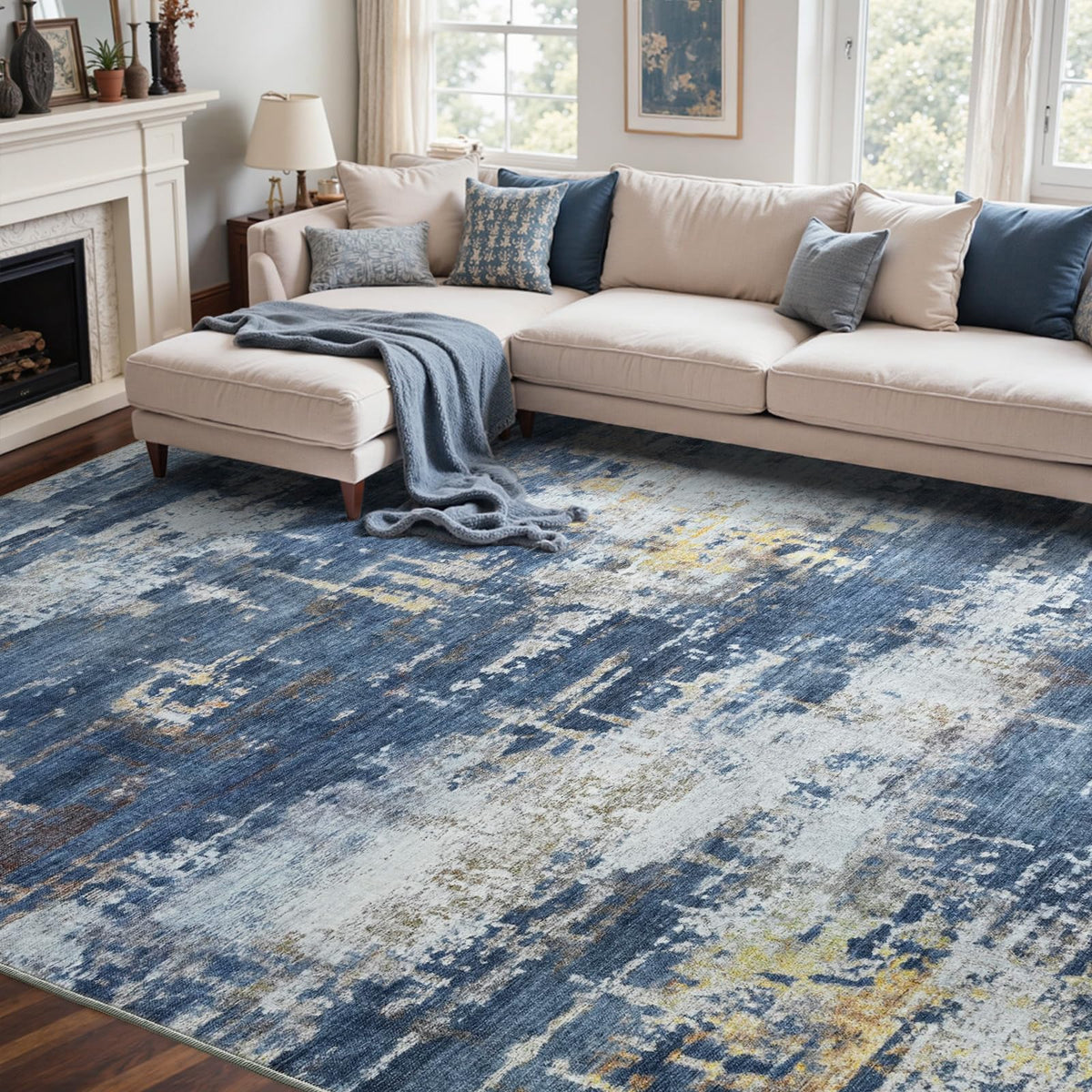 6x9 Ft Abstract Washable Area Rugs for Living Room Blue