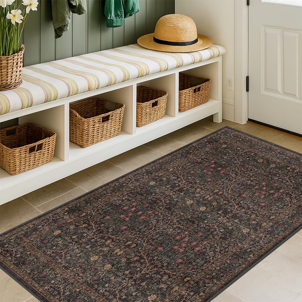 Floral Dark Green Washable Area Rugs 8x10, Vintage Living Room Rug