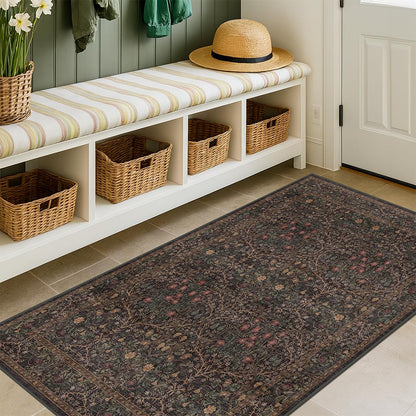 Floral Dark Green Washable Area Rugs 8x10, Vintage Living Room Rug